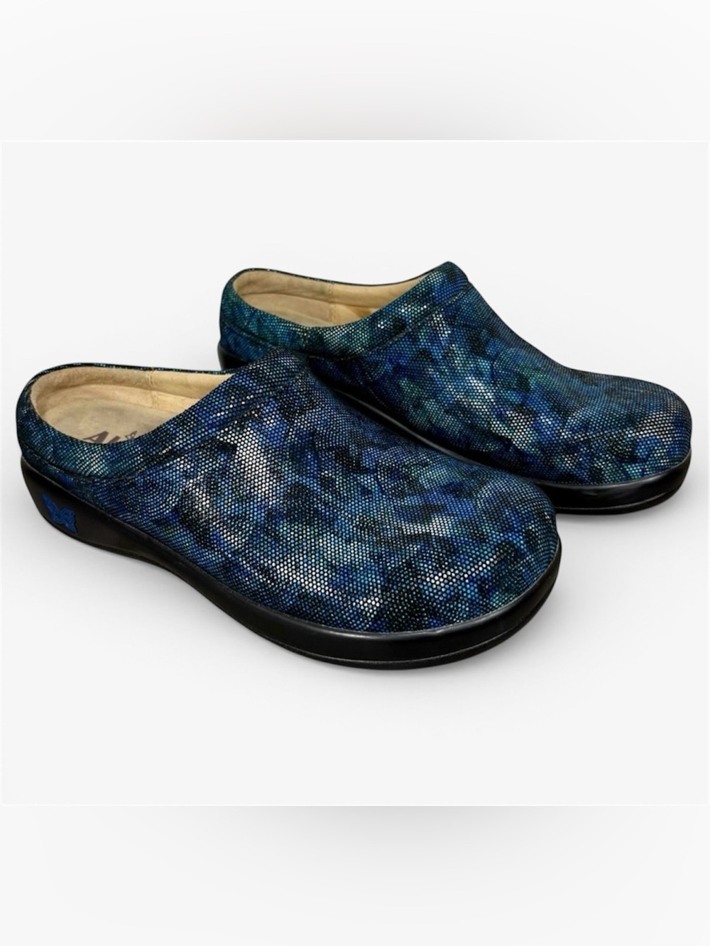 Alegria Kayla Leather Blue Mosaic Slip-On Clogs- woman’s EU 38